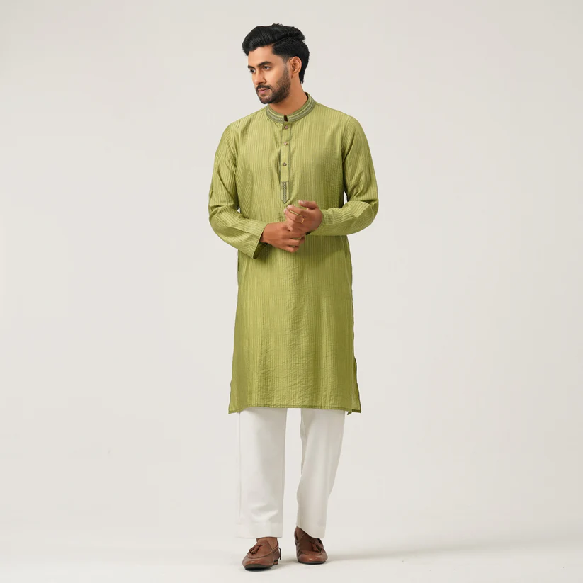 Mens Embroidery Olive Green Panjabi 