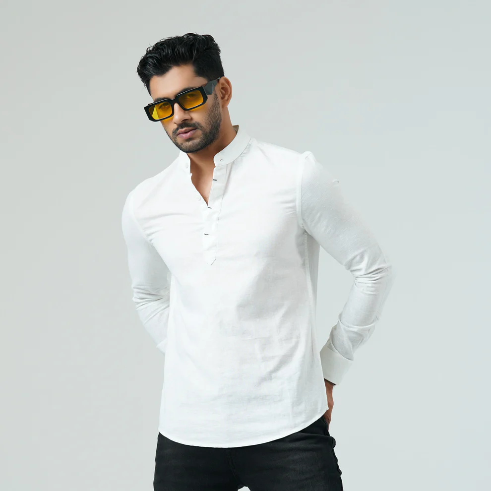 Mens White L/S Band Collar Shirt